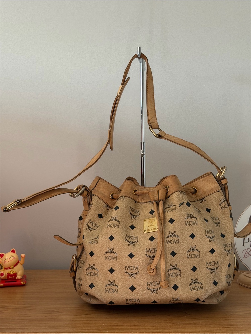 MCM Visetos Tan/Brown Drawstring Shoulder Bag